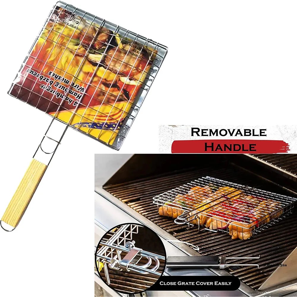 BBQ Grilling Basket Stainless Steel Foldable Barbecue Heat Resistant Grill Sheet Liner Non-Stick Grilling Basket Steak Picnic