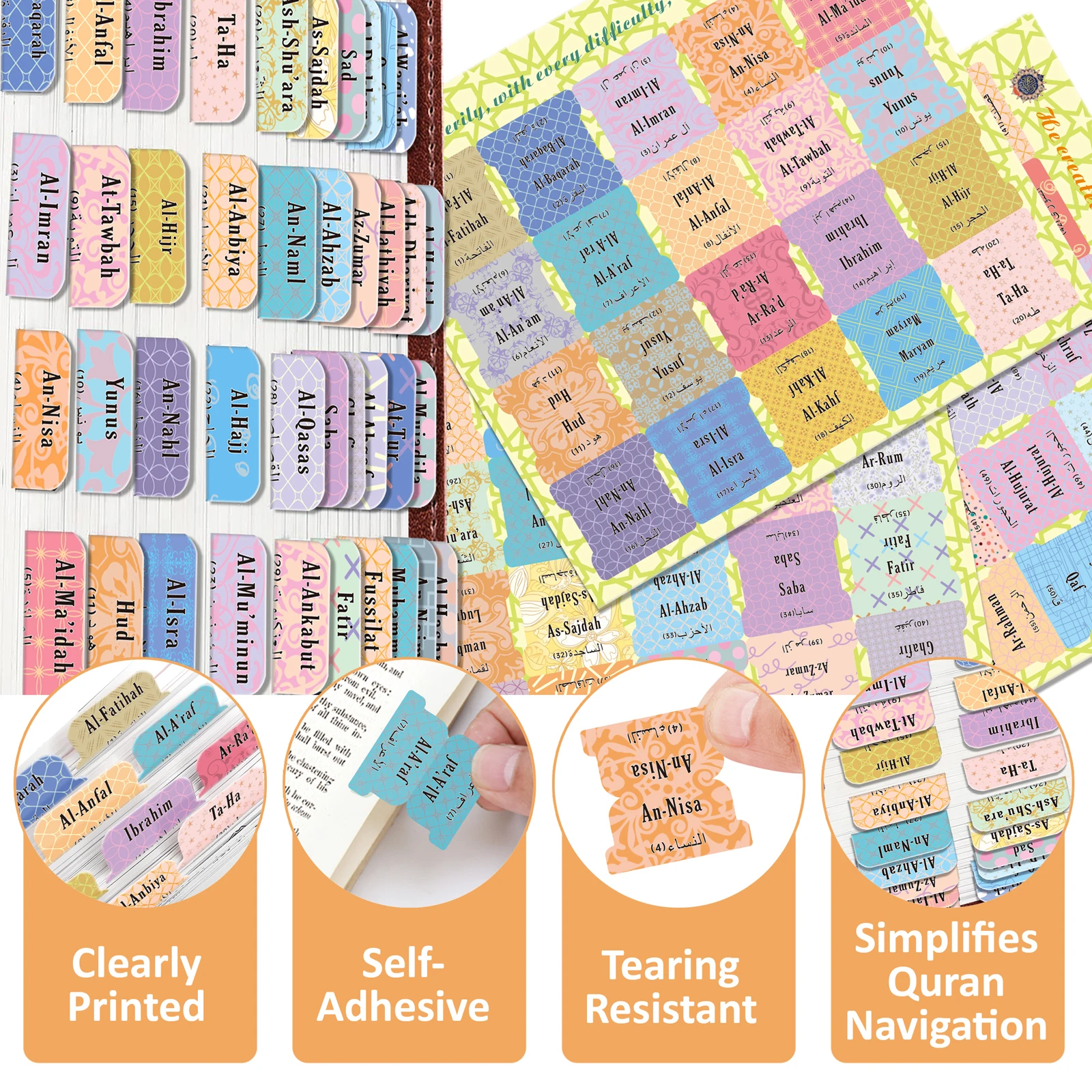 Self-Adhesive Tear-Resistant Holy Book Tabs with Islamic Designs - English & Arabic Surah Organizer Labels
