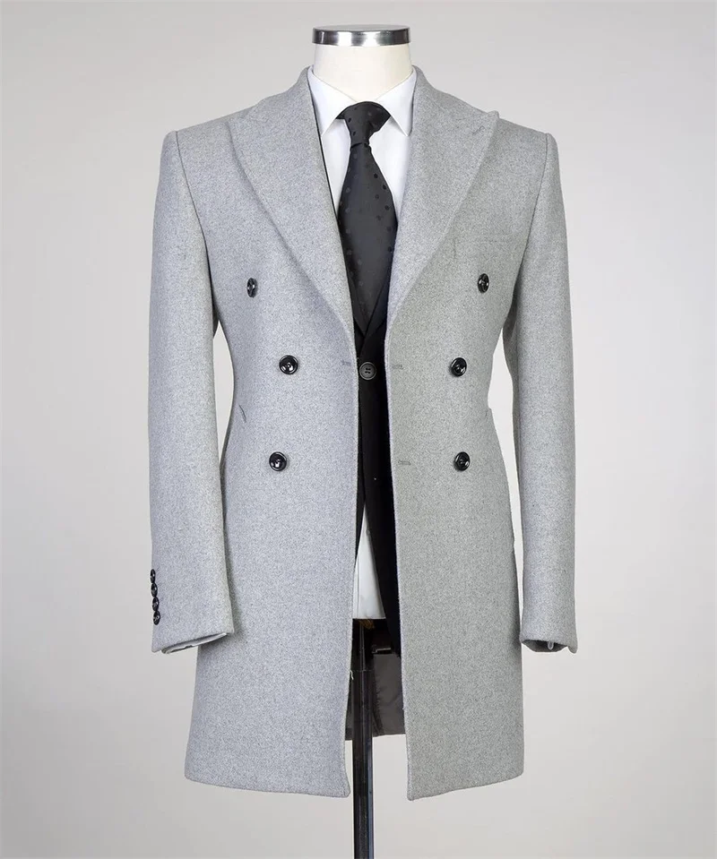 

Light Grey Woolen Men Suit Blazer Long Overcoat Winter Thick Warm Double Breasted England Style Coat Formal Custom Made Jacket