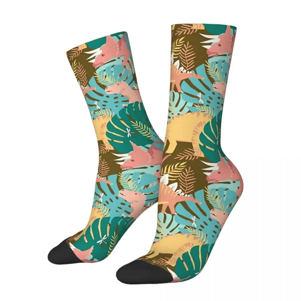 

Funny Crazy Sock for Men Jungle On Gold Hip Hop Vintage Dinosaurs Happy Pattern Printed Boys Crew Sock Novelty Gift