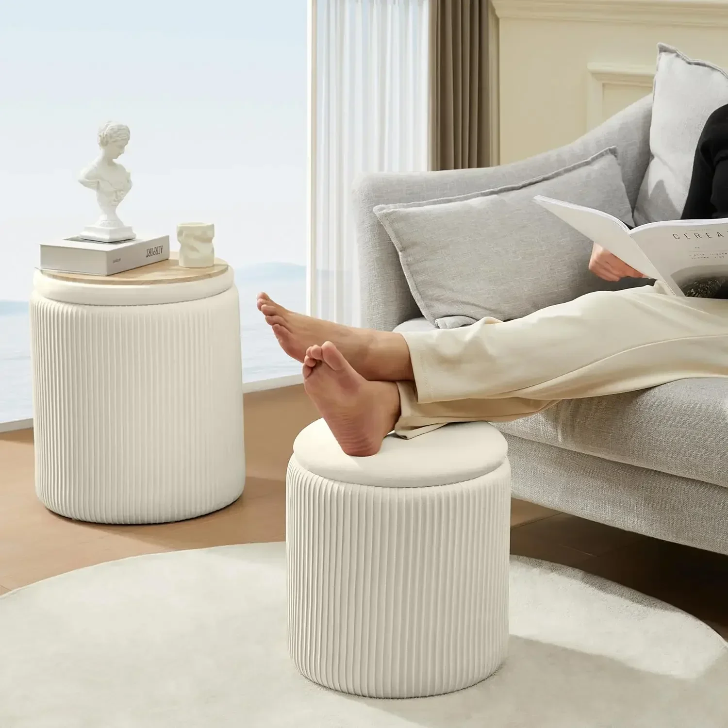 Round Ottoman with Storage Set of 2 Upholstered Velvet Vanity Stool for Makeup Lines Support 300lbs Ottomans Multifunctional Foo 4