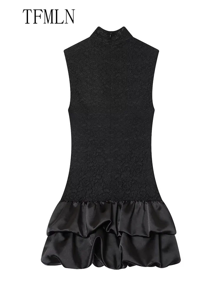 Sweet Women Lace Patchwork Mini Dresses 2025 New Fashion Chic O-neck Sleeveless Causal Party Dress Elegant Back Zipper Dress