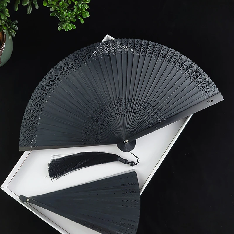 

All bamboo fan folding fan carved hollow folding fan handmade black dance fan