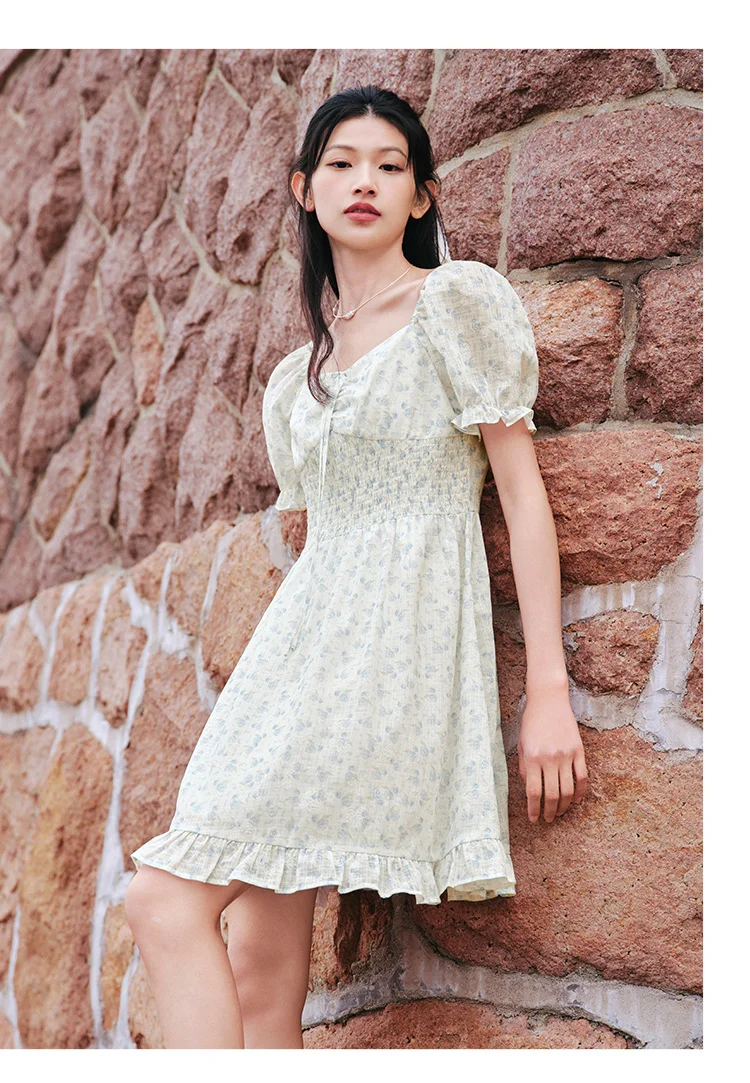 Ruffled Hem Chiffon Mini Skirt Women Floral Print Short Dress New Square Neck Waist-drawing Romantic Dress
