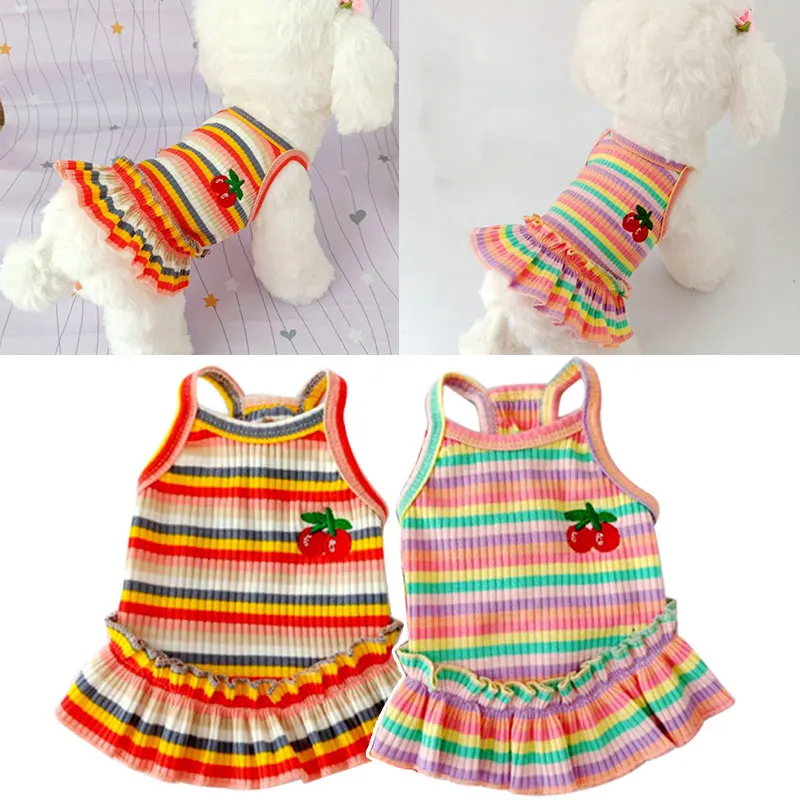 Rainbow Suspender Skirt Dog Clothes Cute Sweet Pet Princess Dress Color Striped Cherry Cat Skirt Skin Friendly Pet Dog Supplies