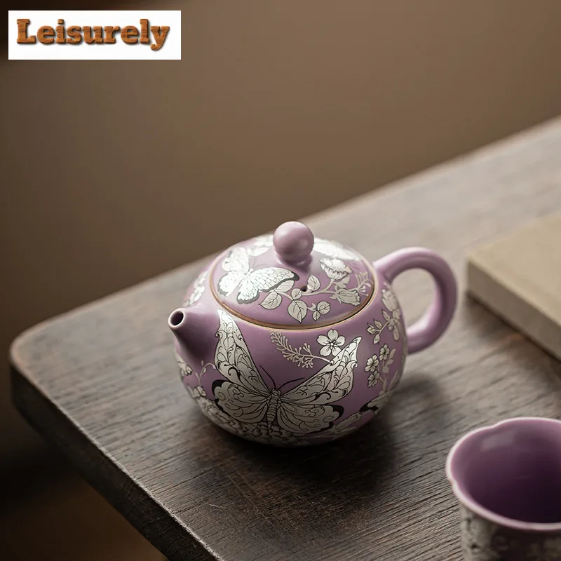 180ML Purple Ru Gilt Silver Butterfly Flower Xishi Teapot Japanese Tea Infuser Pot Tea Maker Kettle With Filter Teaware Craft