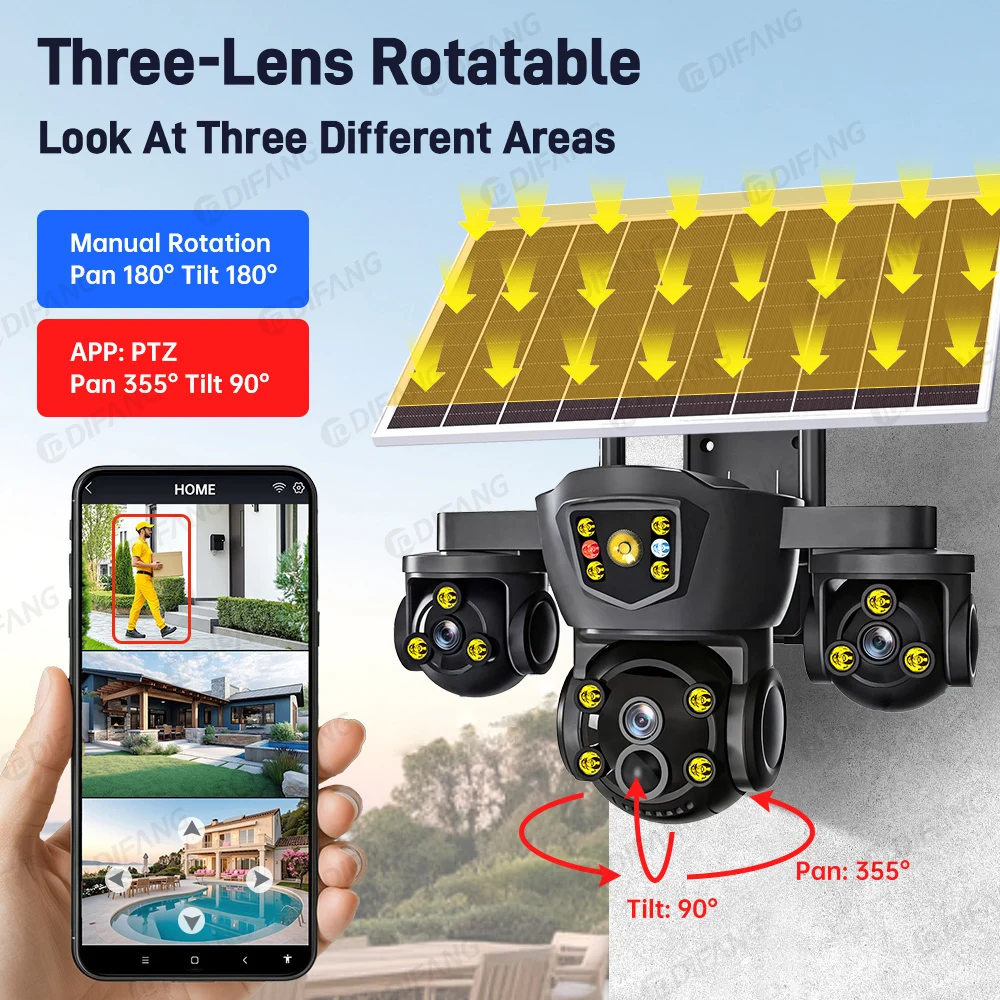 V380 Pro Triple Screen Solar Security Camera Outdoor Triple Lens, WiFi Battery CCTV External WiFi Cam 5