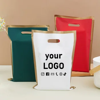 50PCS Colorful Shopping Bag With  Gold Edge Customized LOGO Plastic Shopping Bag with Handle Packaging Bag Gift Bag For Business 1