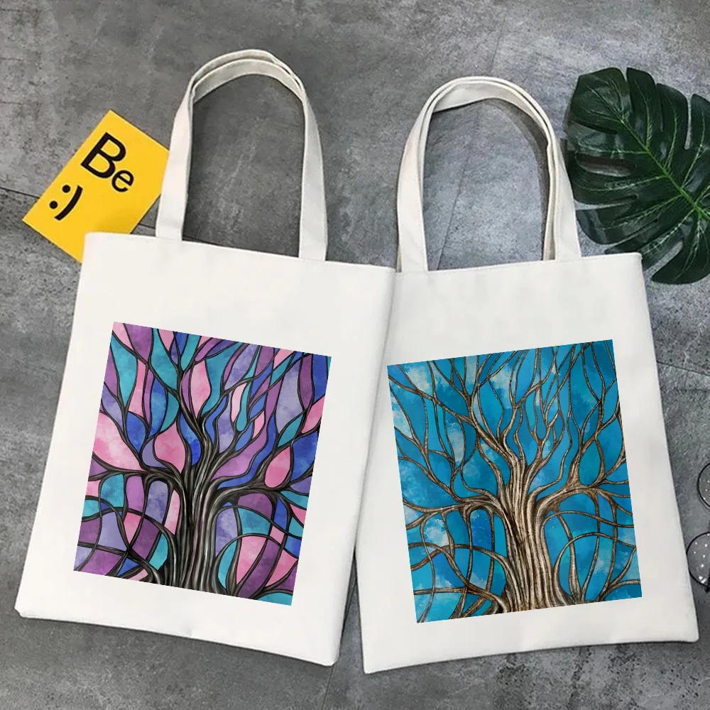 

Mystic Tree Life мозаика, синие фиолетовые акварельные листья, акварельные холщовые хлопковые сумки для девочек, сумки-тоуты через плечо, студенческие сумки для покупок