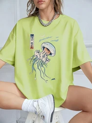 Harajuku Jellyfish Print Women's Cotton Tee - Soft, Loose - Fit Summer Top - XXXL (Light Green)