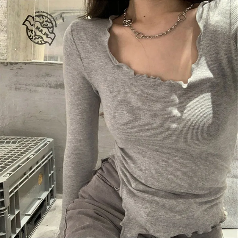 Women's Slim Fit Long Sleeve Bottoming Tees Round Collar Tops Grey Spring Autumn2025 New Fashion 908