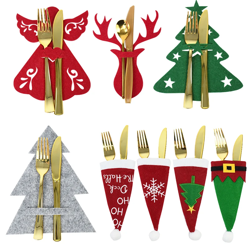 

4pcs Santa Hat Reindeer Christmas Tree Cutlery Holder Bag Knife Fork Set Covers Home Decor Xmas New Year Party Table Ornament