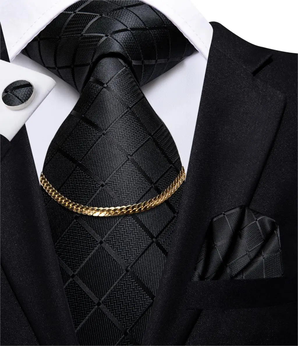 Hi-Tie Business Black Luxury Plaid Mens Tie Silk Neckties Fashion Tie Chain Hanky Cufflinks Set Design Gift For Men Wedding