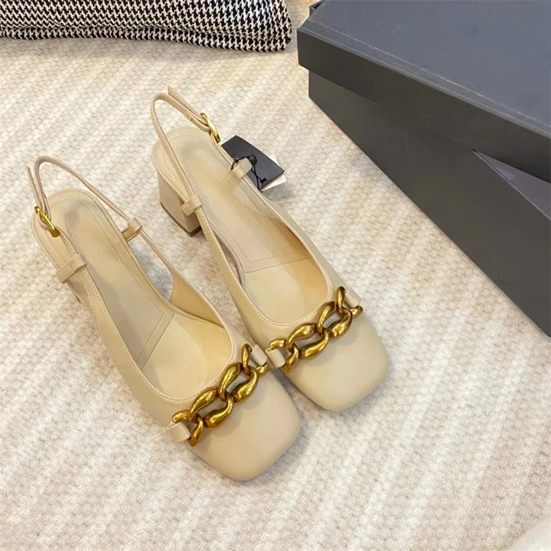 

Gold Metal Chain Women Shoes Spring Summer with Back Empty Sandals 2024 New Sexy Zapatos Mujer Square Toe Chaussure Femme