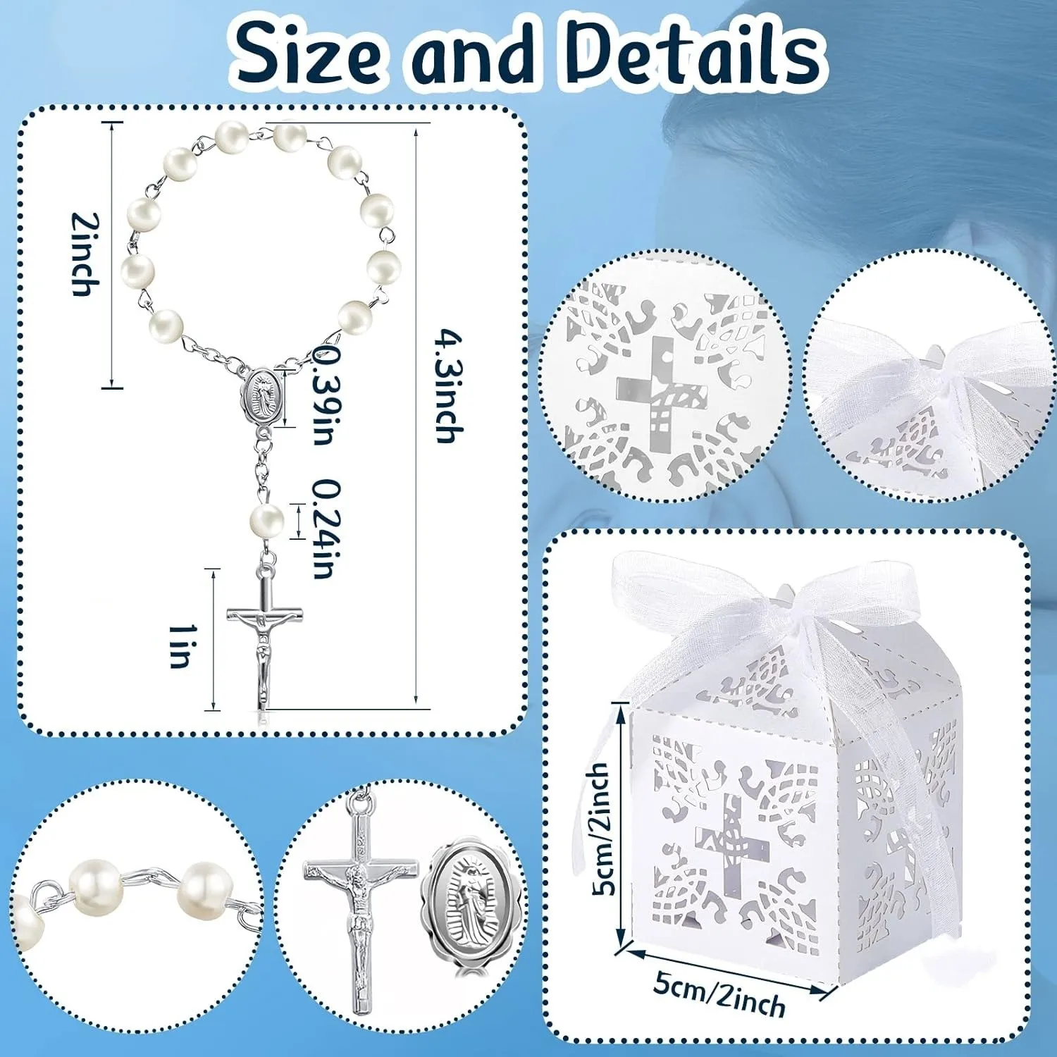 Mini Chapelet De Baptême En Ivoire - Fausses Perles Acryliques, Avec Croix, Dimensions 4 X 12,5 Cm, Idéal Pour Baptême, Mariage, Cadeau Religieux