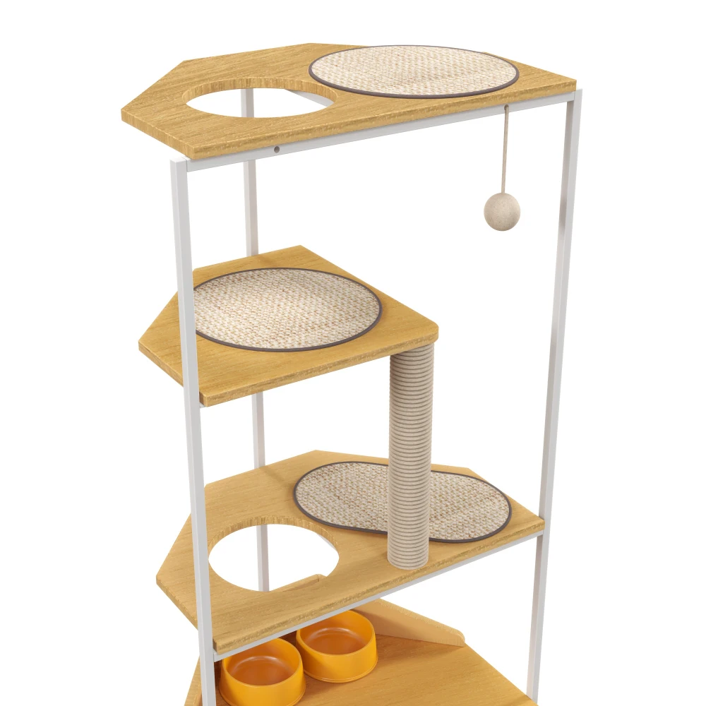 Corner Cat Tower, Cat Tree Scratching Post Condo with Feeding Station and Climbing Platforms Pet Furniture for Indoor Cats