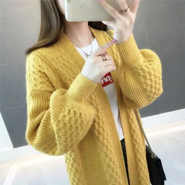 

Women New Sweater Coat Lantern Sleeve Version of Loose Lazy Wind Knitted Cardigan In The Long Section