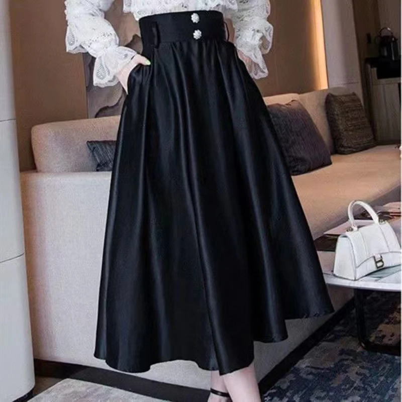 

Black High-waist Skirt Women Spring Summer 2023 New Fashion Slim Elegant Temperament A-line Skirt With pockets