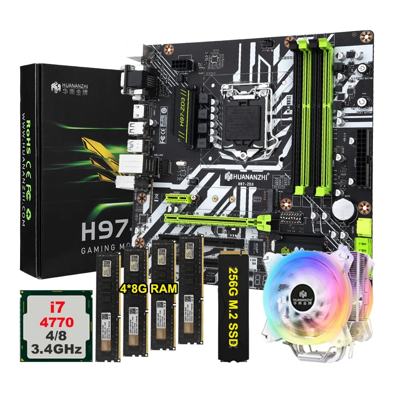 Huananzhi H97-Zd3 Lga 1150 Bundle Scheda Madre Cpu Intel Core I7 4770 4790K 4 Tubi Di Raffreddamento 32G Ram 256G M.2 Nvme Ssd Vga Hdmi Dvi