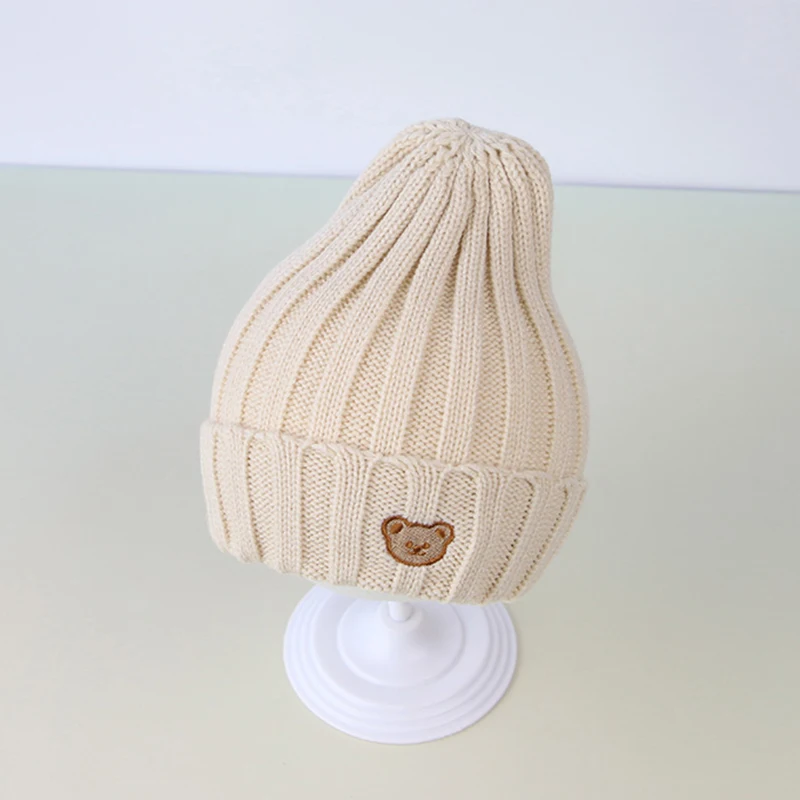 Autumn Winter Baby Hat Solid Color Knitted Warm Kids Toddler Bonnet Hat Cartoon Bear Crochet Baby Girl Boy Beanie Cap 5