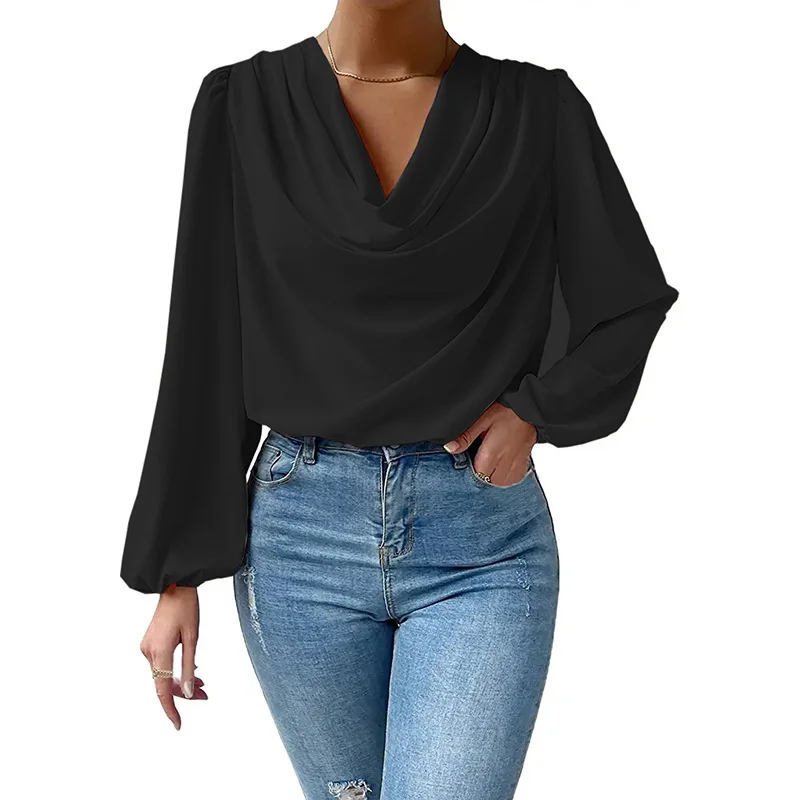 

Fashion Women Long Sleeve Drapped V-neck Blouse Solid Color Western Style OL Comuter Elegant Chic Lady Blouse For Autumn 2023