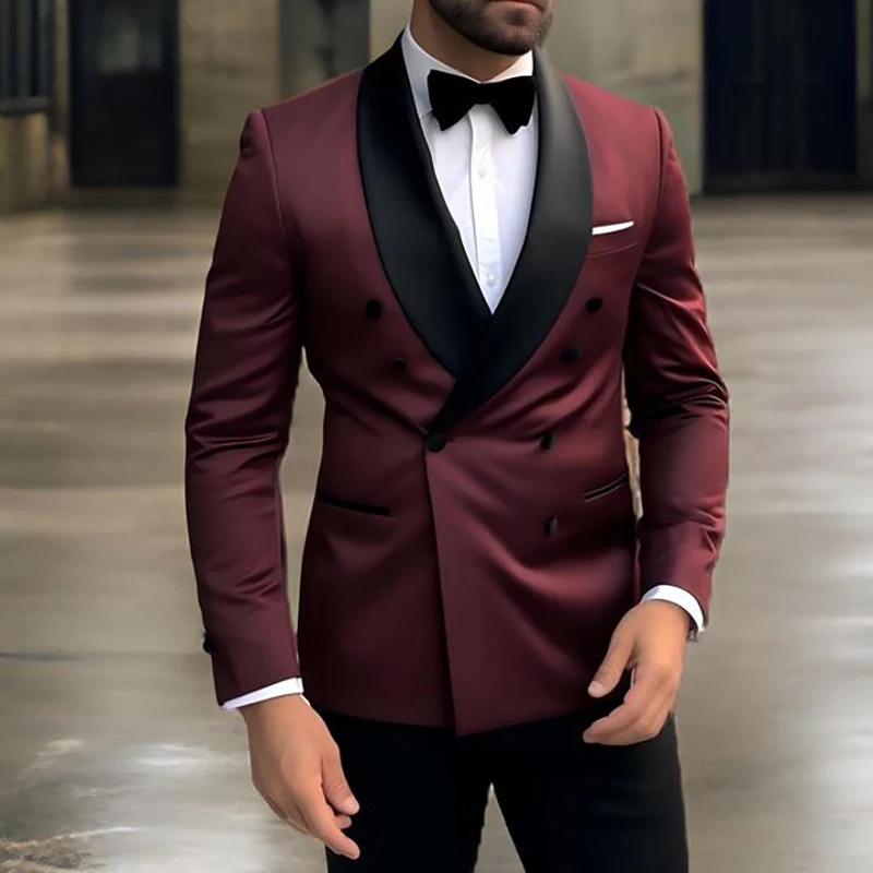 Men Double Breasted Shawl Lapel Suits Elegant Wedding Groomsmen 2 Piece Jacket Pants Full Sets Blazer