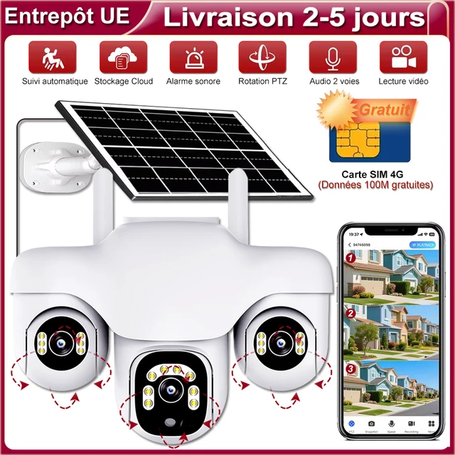 Caméra solaire 4G 3 PTZs, Protection de sécurité domestique intelligente pour l'extérieur, moniteur de Surveillance vidéo, alarme de détection humaine, caméras de vidéosurveillance IP 1