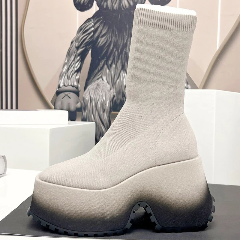 

Platform Short Boots Autumn 2023 New Appear Legs Length Tight Elastic Female Boots Non-slip Thick Bottom Women Muffine Shoes