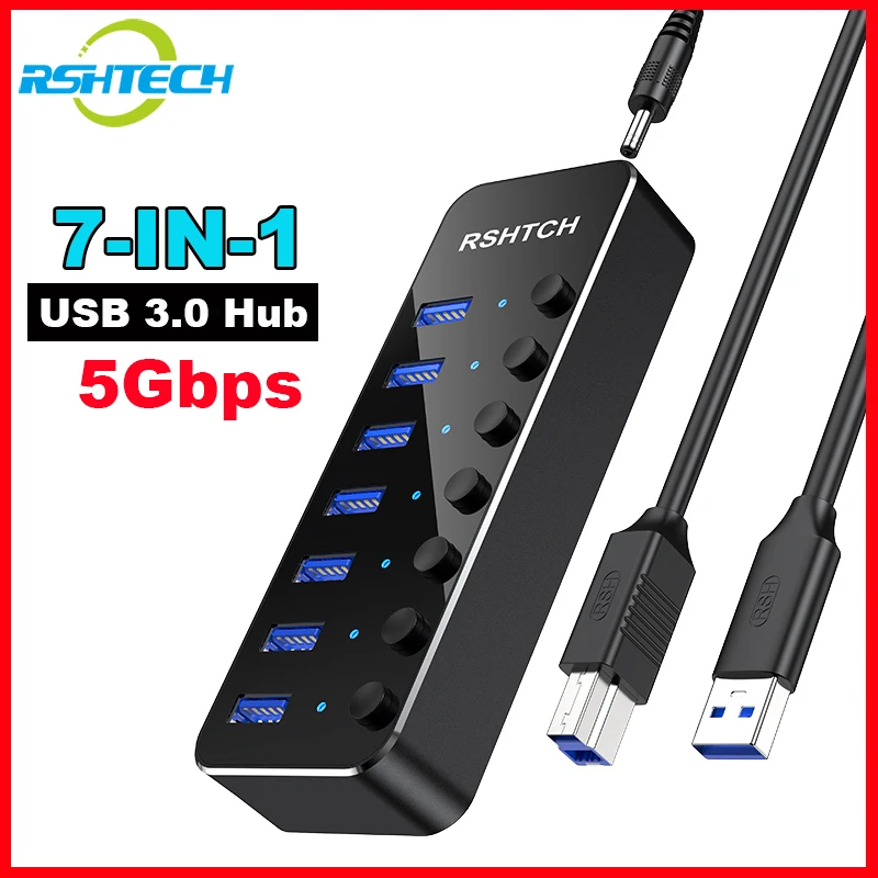 USB 3.0 Hub, RSHTECH 7 Port Powered USB Hub Expander Aluminum USB 3.0 Data  Port hub with Universal 5V AC Adapter and Individual On/Off Switches USB