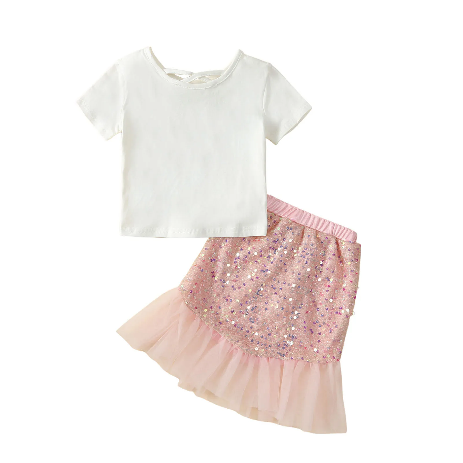 

Girl Mermaid Shirts and Skirt Set Short Sleeve T Shirt with Sequins Skirt Set Suitable for Holiday Birthday