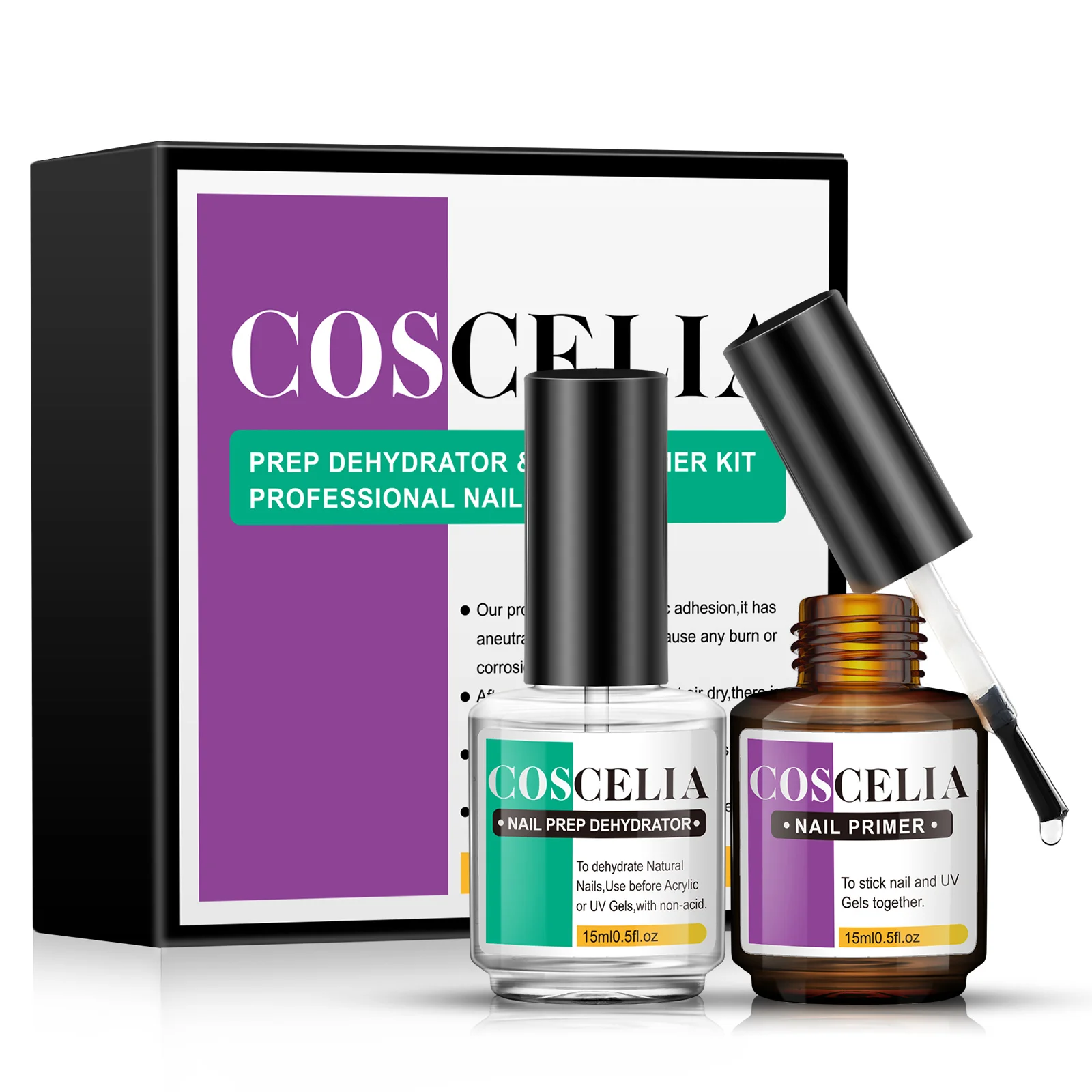 COSCELIA Nail Primer and Dehydrator for Acrylic Nails No Burn Fast Air Dry Nail Prep Dehydrator and Strength Primer Set 8/15ml 2
