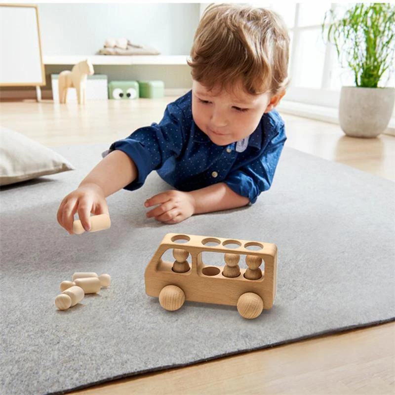 A49K-Outdoor Wooden Bus Game Kit Baby Wooden Bus Educational Blocks Natural Wood Car Little Doll Teething Toys Birthday Gifts