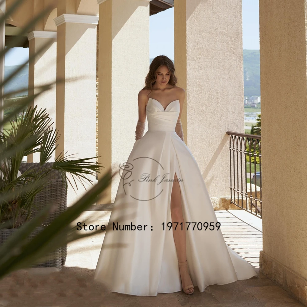 

Vestidos De Novia 2023 Strapless V Neck Wedding Dress Sleeveless Satin A Line Bridal Gown for Bride Fashion Lace Up Robe Mariée