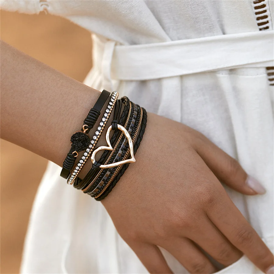 Amorcome – Bracelets enroulé en cuir tressé, bijoux multicouches en pierre de résine, cœur creux, cadeau pour femmes