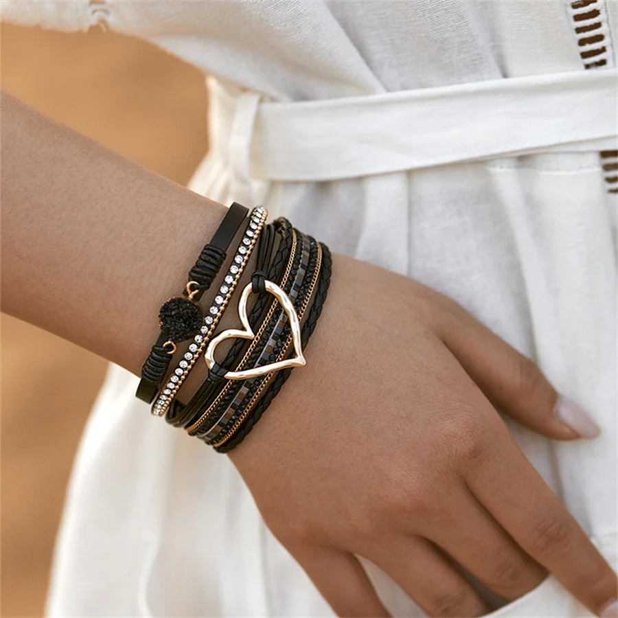 Amorcome Fashion Braided Leather Wrap Bracelets Bangles Multilayer Resin Stone Hollow Heart Charm Bracelets Women Gift Pulseira bracelet jewelry