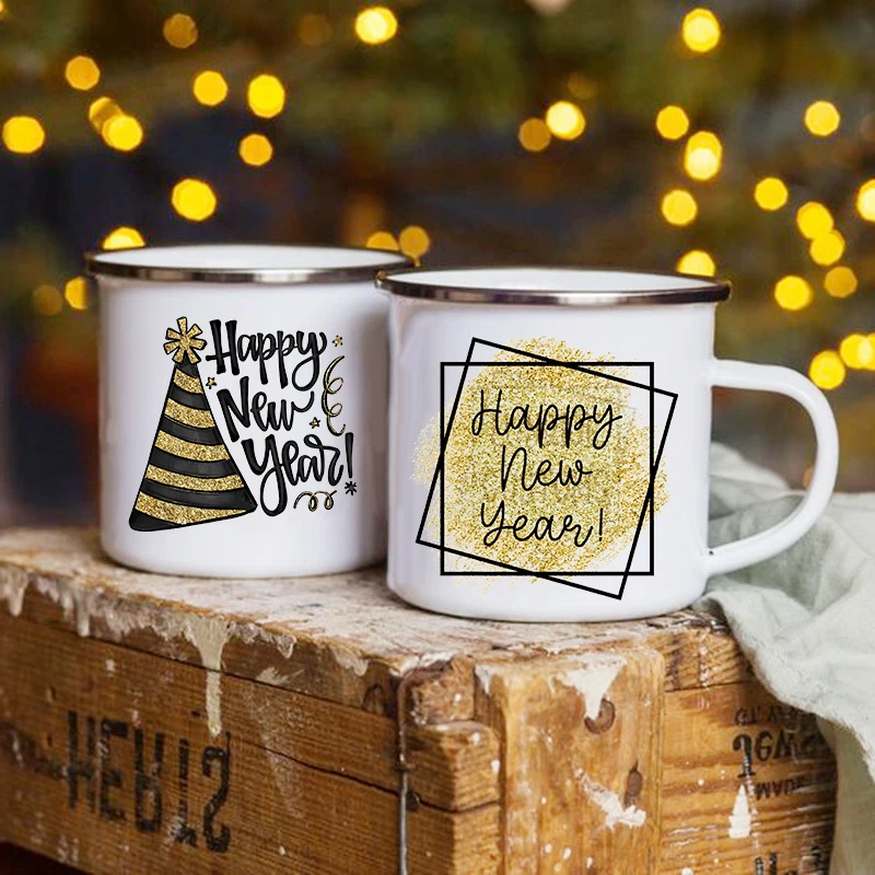 

Happy New Year Printing Enamel Mugs Coffee Cups Fall New Year's Party Wine Mug Dessert Cocoa Handle Cup Gifts for Family Friends