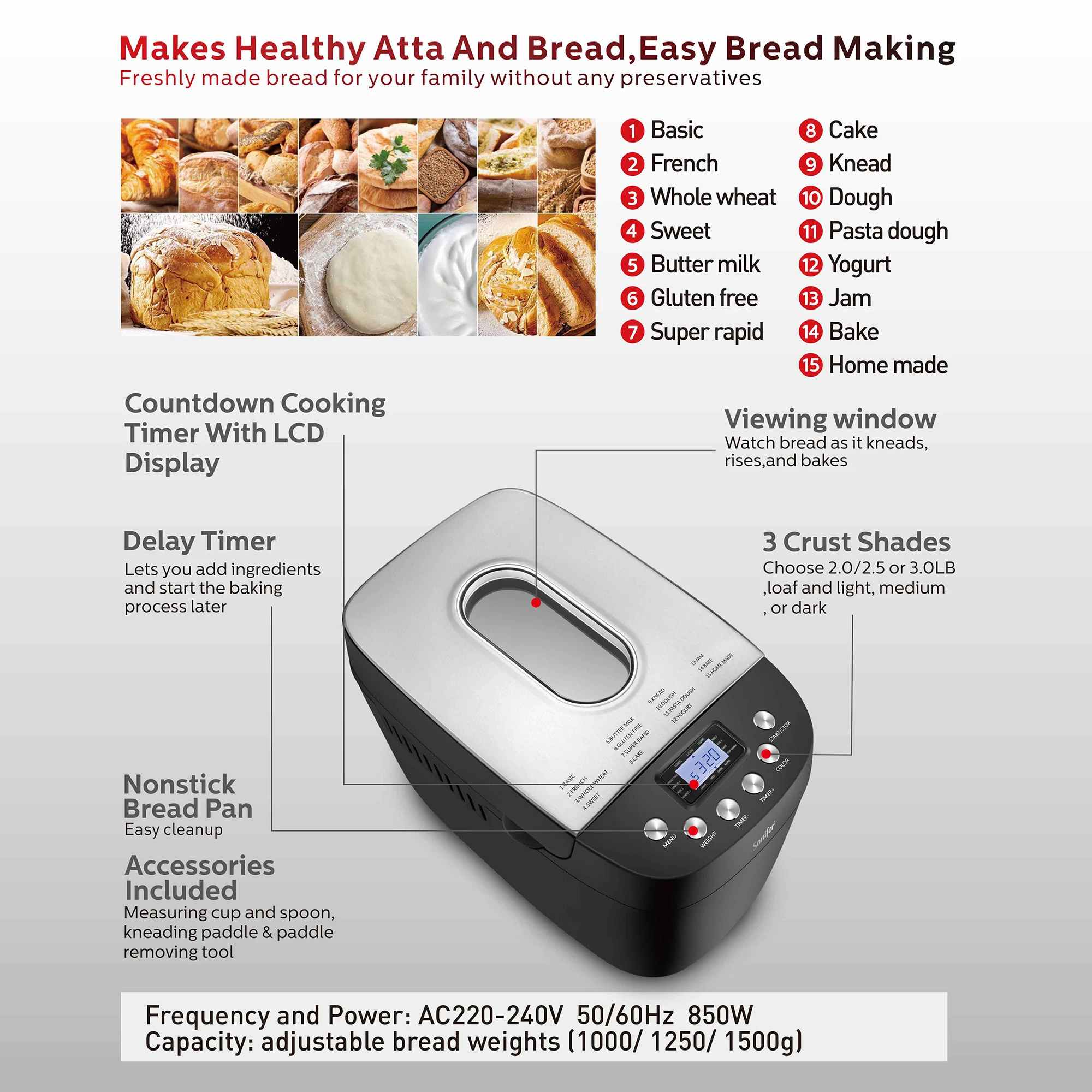 1.5kg Automatic Bread Machine, 850w Programmable, 15-hour Pre-set Timer, Control Panel With Lcd Display Sonifer