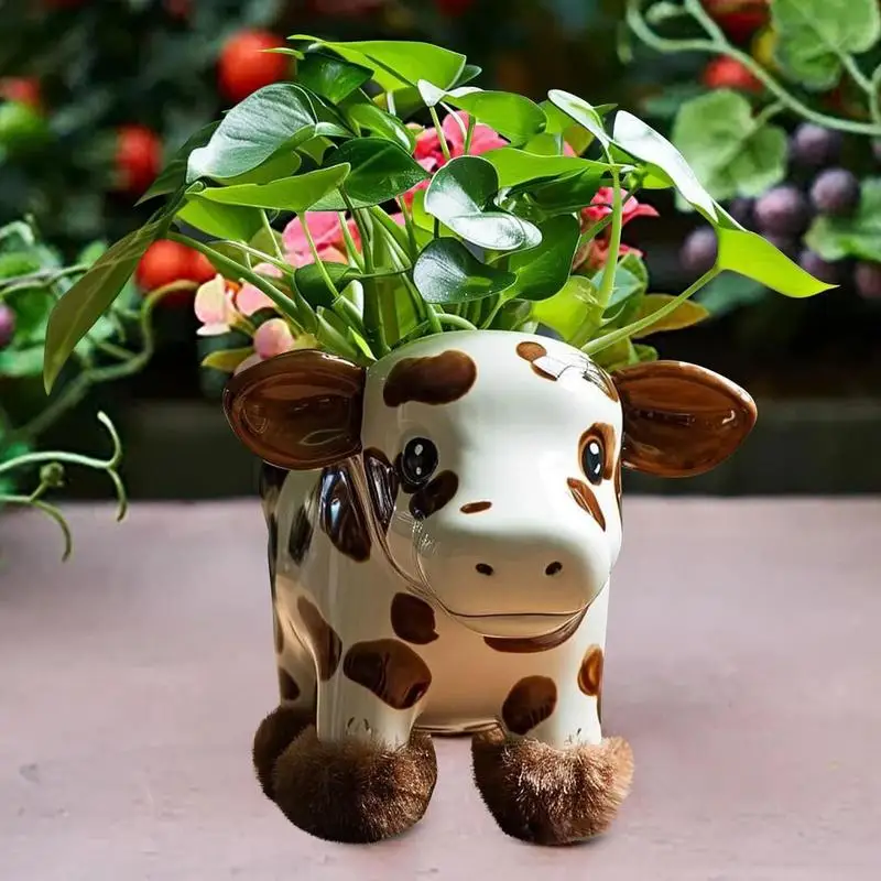 Vaso da fiori a forma di mucca, 10 cm, in resina, motivo mucca delle Highland, Yak, altopiano, per fiori e piante grasse, divertente, per esterni, interni, cortile, balcone