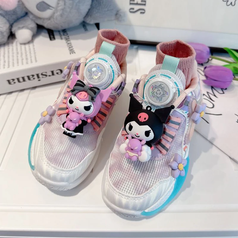 

Kawaii Sanrios Child Twist Buckle Kuromi Sneakers Spring and Autumn Cartoon Girl Pupils Mesh Non-Slip Lightweight Daddy Shoes