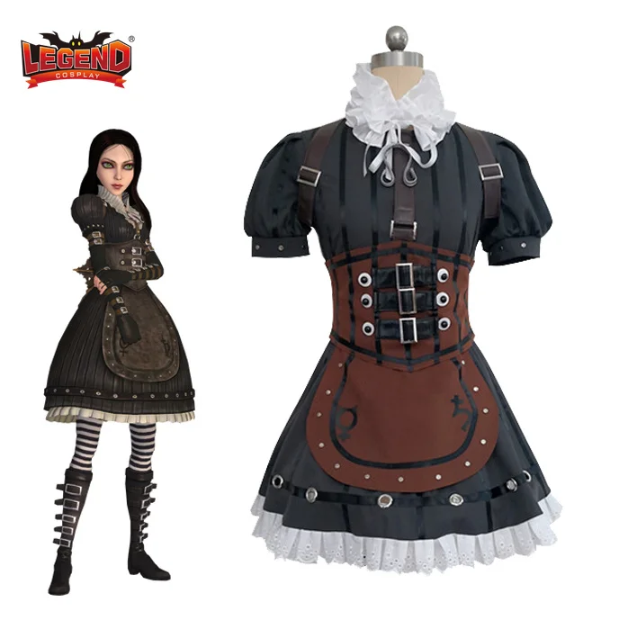 Gioco Alice Madness Returns Costume Cosplay Alice Steam Dress Socks Copricapo Guanti Set Completo Custom Made Halloween Suit Uomo Donna