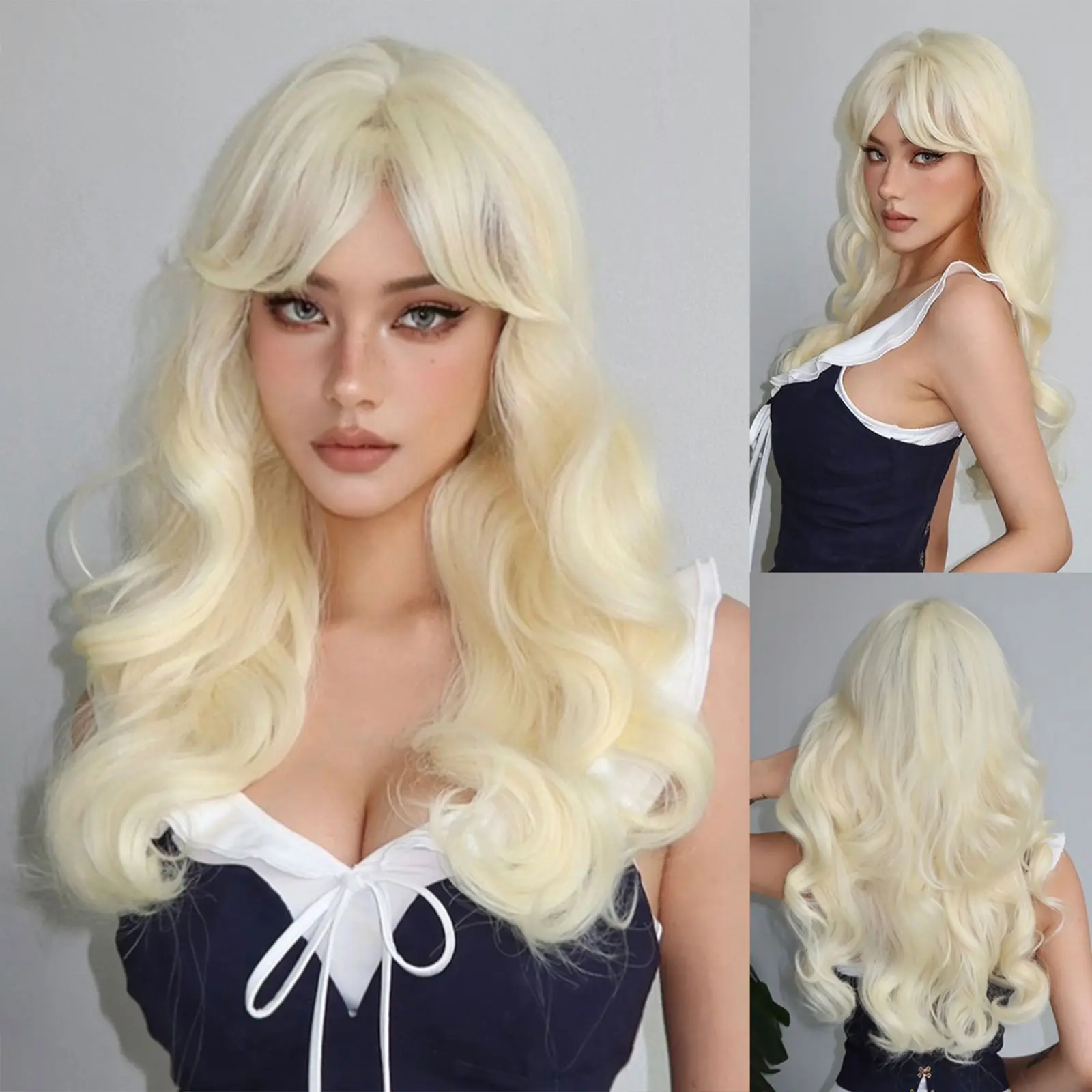 Black with Green Wavy Party Synthetic Wigs with Bangs 