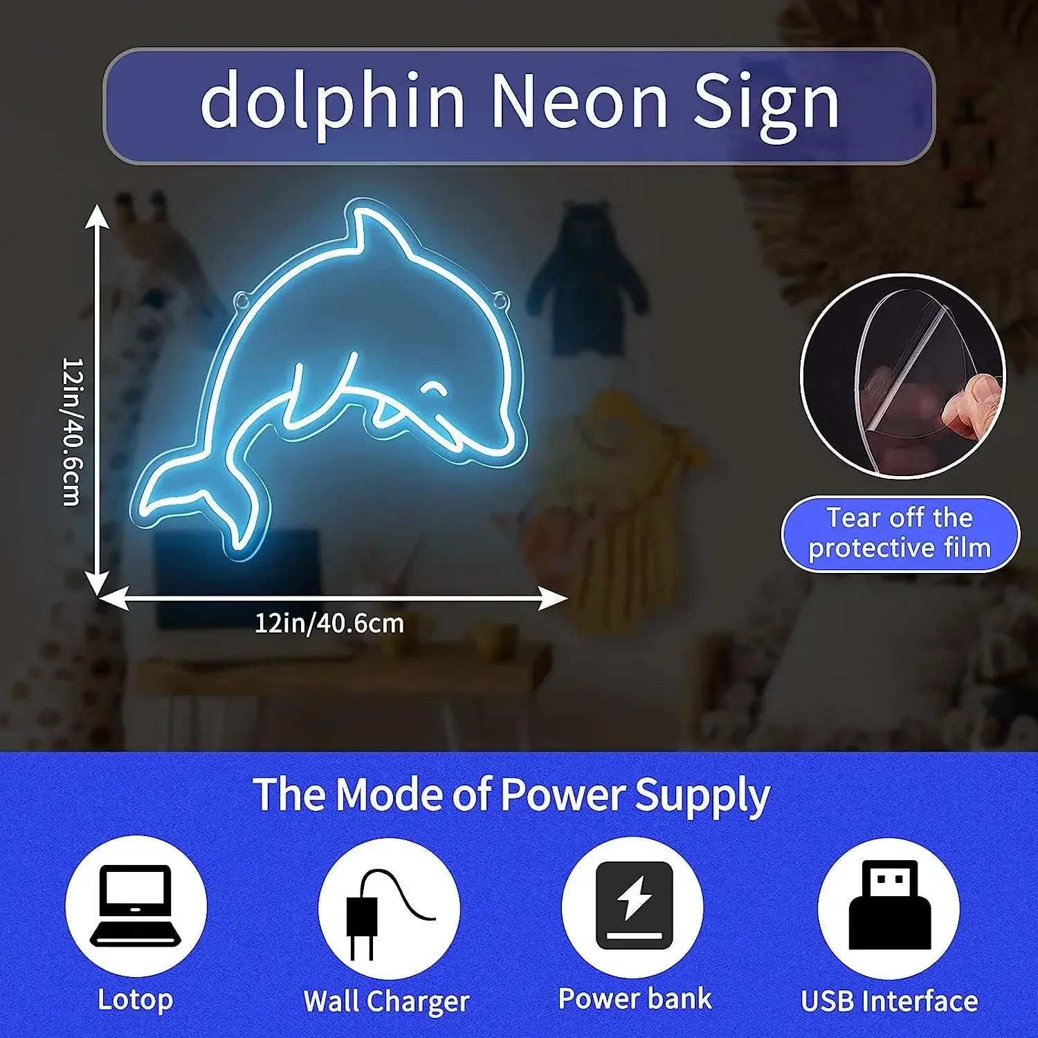 Description Picture 3 of itemDolphin Anime Neon Sign Cute LED Lights Indoor Wall Art Decoration Wedding Event Birthday Party Neon Kids Teens Boys Night Lamp