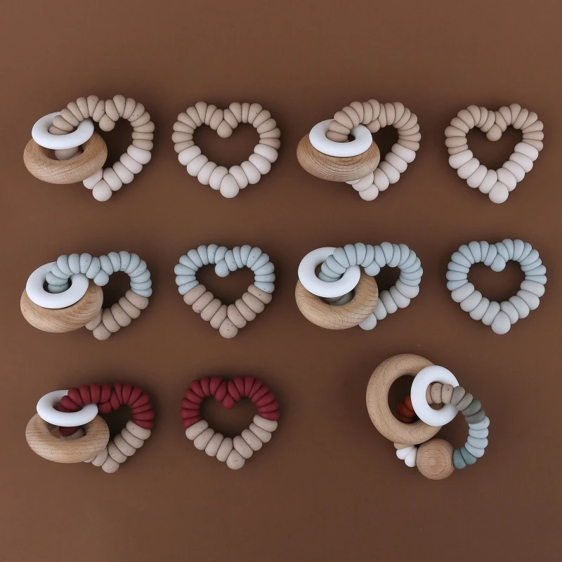 Food Grade Silicone Beads Baby Teether Beech Wood Ring Teething Newborn Bracelet Play Gym Montessori Baby Toys