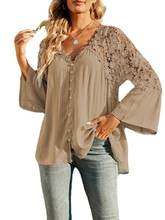 

Women Blouses Solid V-neck Button Lace Hollow Out Three-quarter Flare Sleeve Chiffon Shirt