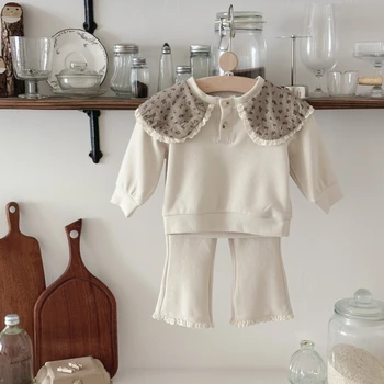 Korean Style Baby Boy Girl Clothes Set Floral Collar Lace Long Sleeved Outfit Trousers for Spring Autumn Infant Fashion Suit 1