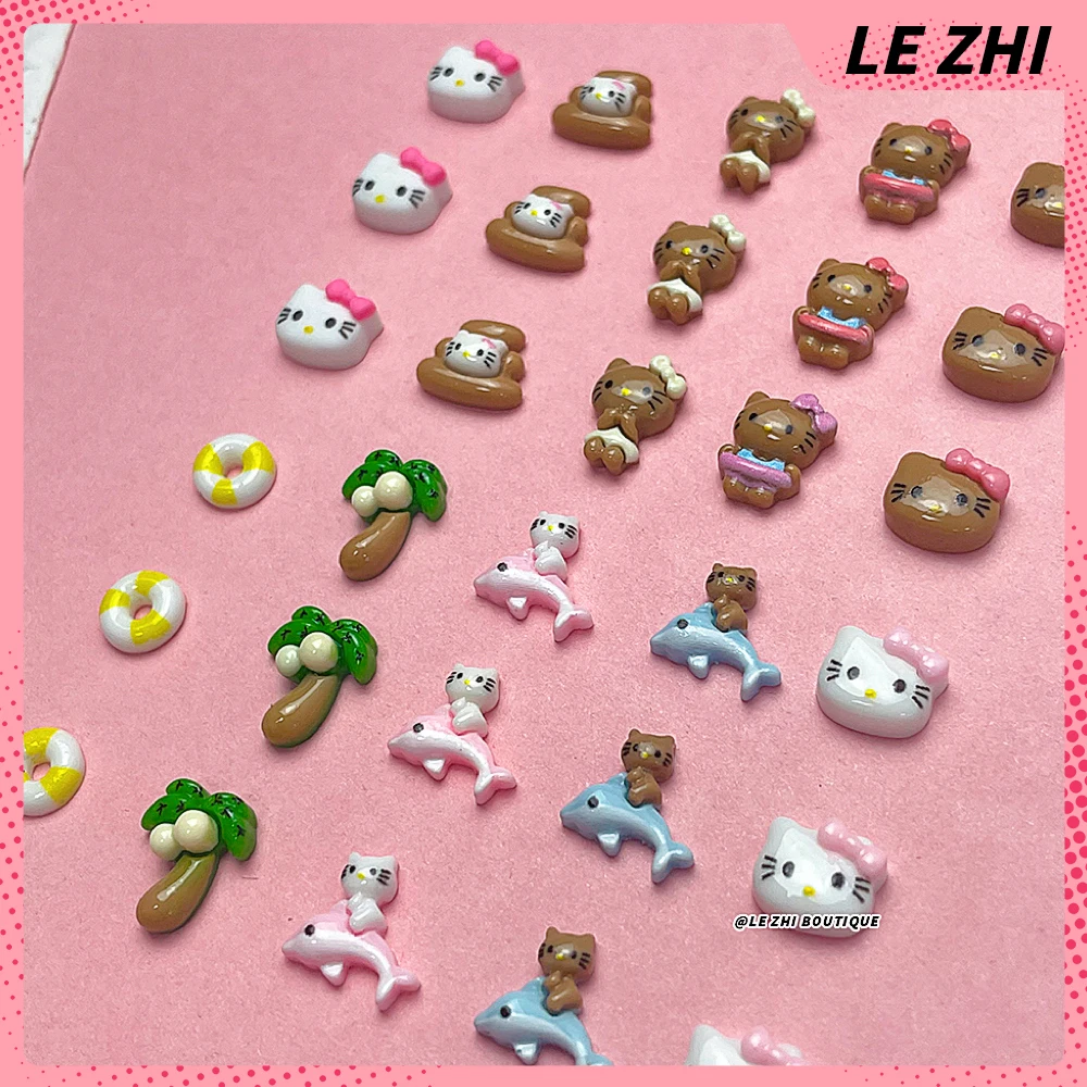 20Pcs 하와이 3D 헬로 키티 네일 아트 수지 액세서리 여름 해변 검은 피부 KT 전화 케이스 스티커 매니큐어 데칼 장식