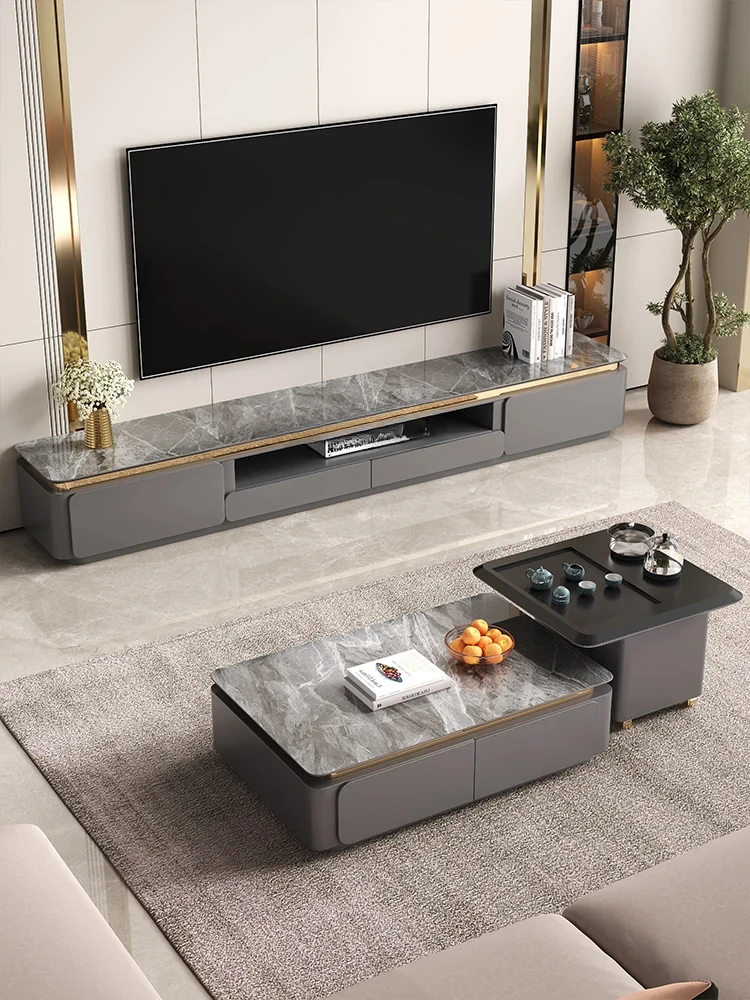 

Light Luxury Modern Minimalist Stone Plate TV Cabinet and Tea Table Combination Living Room Paint High Furniture