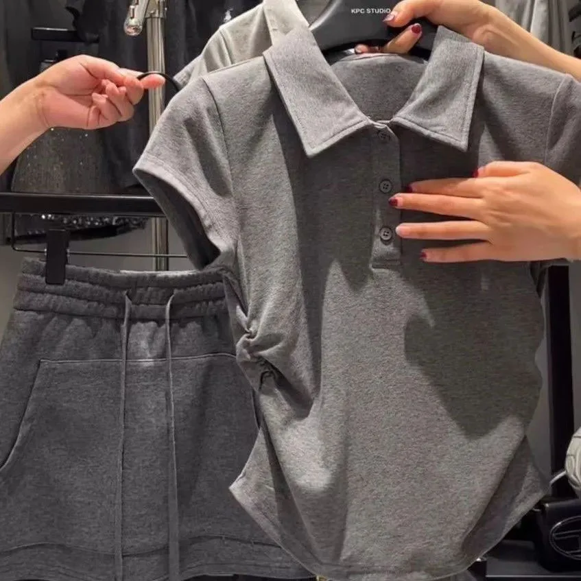 logo Little Horse Embroided Polo Neck Short Sleeved Shorts 2024 Summer Pleated Slim Short Sleeved Top+ skirt shorts For Women