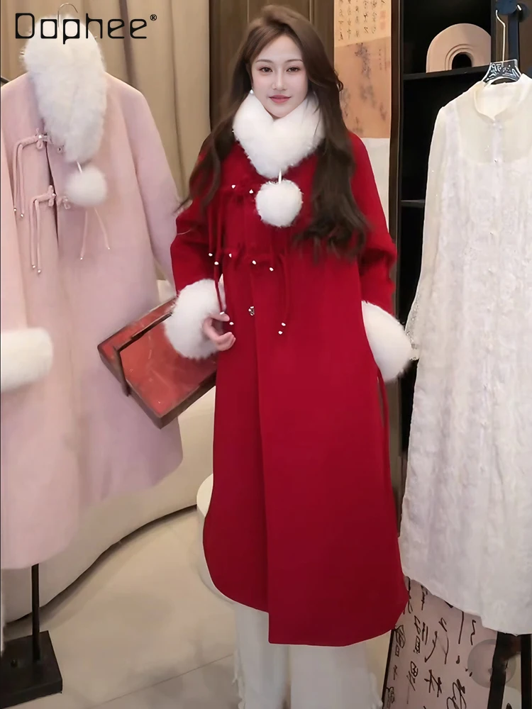 Christmas New Year Woolen Coat 90 White Duck Down Red Wool Jacket Chinese Style Women's Winter Down Feather Liner Midi Overcoat