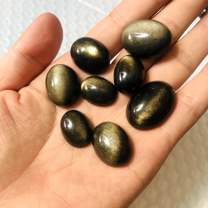 PANGEM-Promotion!5Pcs/Pack Mixed Free Size Natural Golden Obsidian Beads Cabochons,Cat's Eye Gemstone Cabochon Ring Face,15-26mm